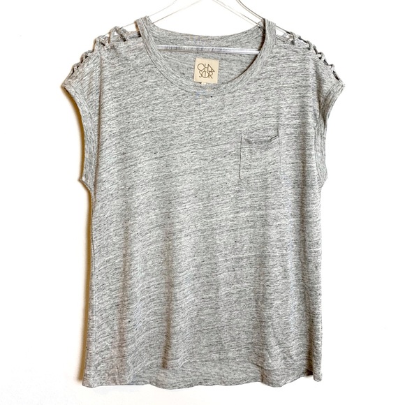 Chaser Tops - Chaser | Gray tee shoulder cutout detail L